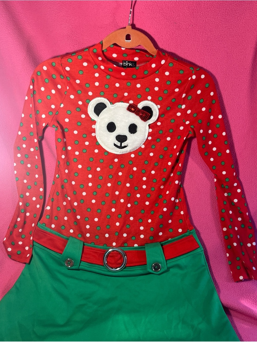 PINK Red Polka Dot Long-Sleeve Tee with Bear Appliqué